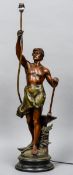 A large painted white metal lamp 
Formed as a semi-clothed figure holding a hammer.  101 cm high.