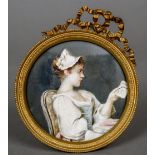 FRENCH SCHOOL (19th/20th century)
Young Lady Seated Reading a Note
Watercolour probably on ivory
8