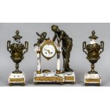 A figural mounted variegated white marble clock garniture
The clock surmounted with a lady and a