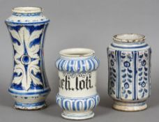 Three 18th/19th century Italian apothecary jars
Each with blue and white decoration, one inscribed.