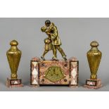 An Art Deco gilt Art metal mounted red marble triple clock garniture
Surmounted with Pierrot and