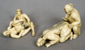 Two pairs of 19th century Japanese ivory erotic okimono
Each modelled as a couple practising an