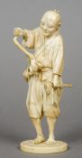 A 19th century Japanese carved ivory okimono
Formed as a farmer holding an axe and a flower,