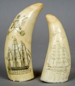 Two scrimshaw whales teeth
One carved with a ship flying the stars and stripes,