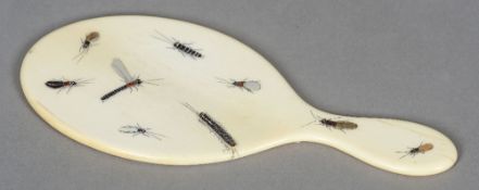 A Japanese shibayama decorated ivory hand mirror
Worked with various insects.  26.5 cm long.