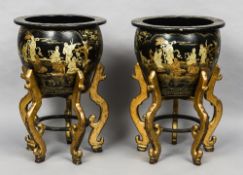 A pair of large late 19th century chinoiserie lacquered jardinieres on stands
Each decorated in the