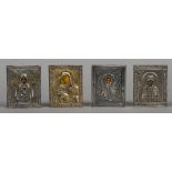 Four small Russian silver clad icons Each of typical religious form, each marked for 84 Zolotniks.