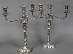 A pair of George II style silver plated twin branch candelabra by Creswick & Co.