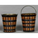 Two 19th century Dutch coal buckets Of segmented specimen wood constructions with brass liners and