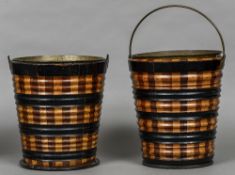 Two 19th century Dutch coal buckets Of segmented specimen wood constructions with brass liners and