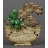 A Chinese 14 ct gold diamond, jade and ivory set brooch Formed as an urn of floral sprays,