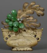 A Chinese 14 ct gold diamond, jade and ivory set brooch Formed as an urn of floral sprays,