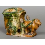 A Chinese pottery Tang Dynasty style funerary cart Modelled pulled by an ox flanked by two