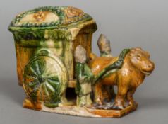 A Chinese pottery Tang Dynasty style funerary cart Modelled pulled by an ox flanked by two