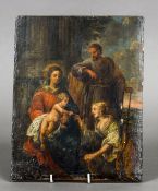 CONTINENTAL SCHOOL (18th century) Madonna and Child With Visitors Oil on panel 22 x 28.