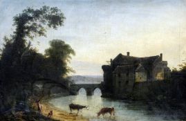 ENGLISH SCHOOL (early 19th century) Cattle Watering Before a Fortified Farmhouse Oil on canvas 67 x