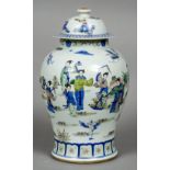 A Chinese porcelain baluster vase and cover Decorated with female figures in a continuous garden