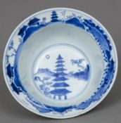 A Chinese blue and white porcelain bowl Decorated with figures in a continuous landscape,