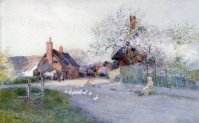 THOMAS MACKAY (circa 1851-1920) British Geese on a Village Street Watercolour and bodycolour Signed