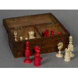 A 19th century stained and carved ivory Washington/Barley Corn pattern chess set The kings 9 cm