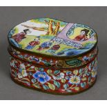 A Chinese Canton enamel snuff box The cover decorated with figures in a garden,