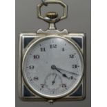 A Continental 800 silver cased pocket watch Of square form, with niello decoration. 4.5 cm wide.