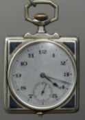 A Continental 800 silver cased pocket watch Of square form, with niello decoration. 4.5 cm wide.