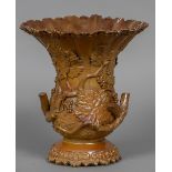A large 19th century brown salt glaze vase Of crimped flared form,