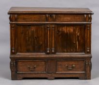 An 18th century cedar wood mule chest The moulded rectangular top above the panelled front and a