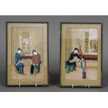 A pair of 19th century Chinese rice paper paintings Each decorated with figures in an interior