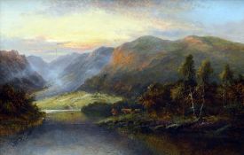 WILLIAM LANGLEY (1852-1922) British Highland Cattle in a Mountainous Loch Scene Oil on