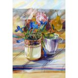 *AR ELIZABETH JANE LLOYD (1928-1995) British Flowers on a Table Watercolour Old label to verso for