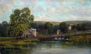 RICHARD or THOMAS ALLAM (19th century) British Punting Before a Watermill and Weir in a River