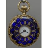 A 18 ct gold enamel decoration half hunter fob watch The reverse set with diamonds. 3.
