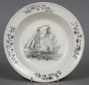 An early 19th century Herculaneum creamware bowl Centrally decorated with a three masted ship.