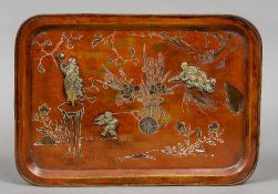 A late 19th/early 20th century Japanese tray Incised decoration with applied figures. 37 cm wide.