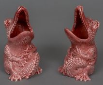 A pair of Burmantofts faience spoon warmers Each formed as a wide mouthed crocodile,