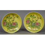 A pair of Chinese porcelain shallow dishes Each decorated with birds amongst floral sprays on a