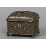 A small Japanese Meiji period patinated bronze casket Decorated with various birds and insects