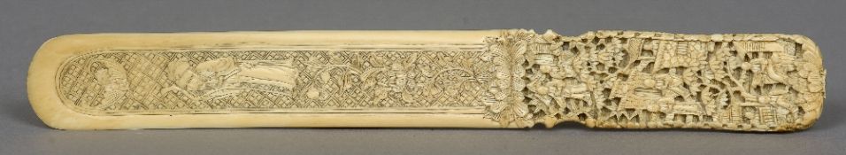 A 19th/20th century Chinese carved Canton ivory page turner The blade worked with a sage and floral