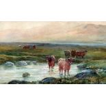 ENGLISH SCHOOL (19th century) Highland Cattle in a River Landscape Watercolour Indistinctly