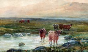 ENGLISH SCHOOL (19th century) Highland Cattle in a River Landscape Watercolour Indistinctly