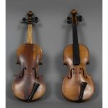 Two quarter size violins Each with a two piece back. Each 42 cm long.