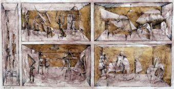 *AR PETER NUTTAL (born 1943) British Abstract Pen, ink and wash Signed and dated 74 68 x 35 cm,