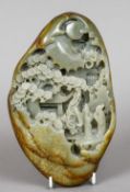 A Chinese carved green and russet jade boulder Worked with scholars before pagodas in a mountainous