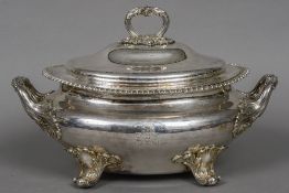 A large silver plated twin handled tureen and cover by William & George Sissons With gadrooned rim,