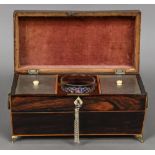 A Regency line inlaid rosewood tea caddy Of sarcophagus form,