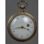A diamond set enamel decorated yellow metal cased key wind pocket watch The white enamelled dial
