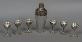 A Sterling silver mounted etched glass cocktail shaker and six matching silver mounted etched