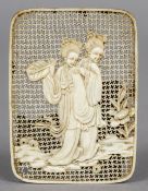 A 19th century Chinese finely carved ivory panel Decorated with two women amongst a landscape,